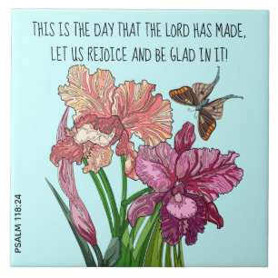 Iris och butterfly med verst från Psalm 118:24 Kakelplatta
