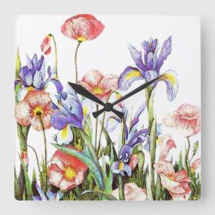 Iris och vallmoblommor Vattenfärgers Blommigt Fyrkantig Klocka