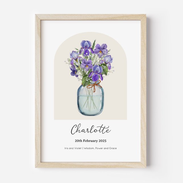 Iris Violett Födelsemånad Blomma Affisch (Personalised February Birth Month Flower Bouquet in Vase Poster | Iris and Violet.)