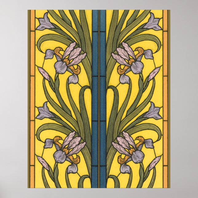 Irisblomma Art Nouveau Blysglas Blå Guld Poster (Framsidan)