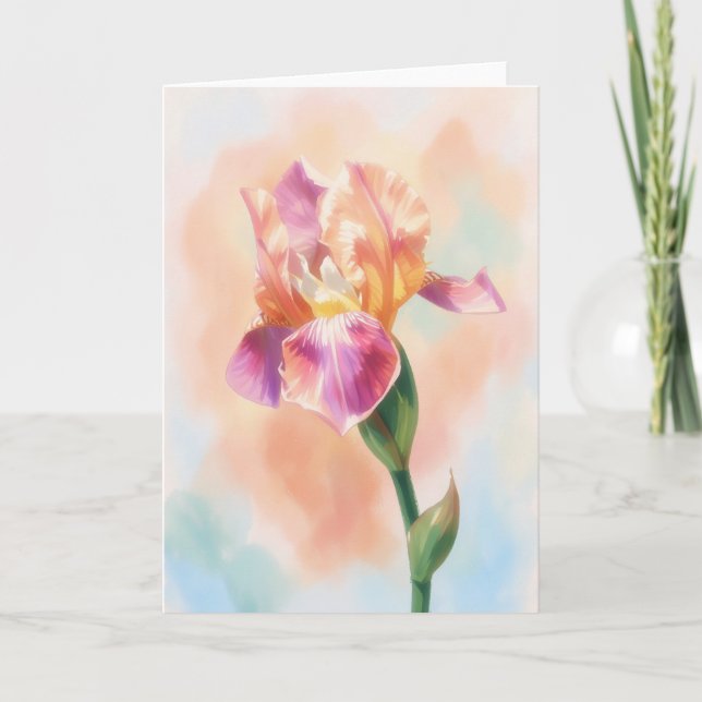 Irisblomma i rosa akvarellkonst Notkort Kort (Framsida)
