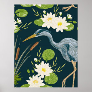 Irisblommor Fågel Hägrar Blommig Landskap Poster