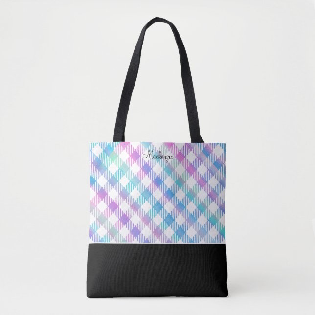Iriserande Blått Gingham-mönster med Monogram Tygkasse (Framsida)