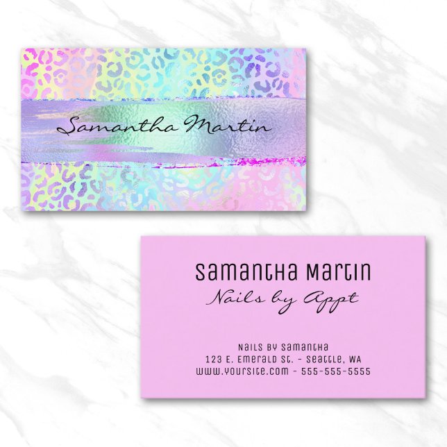 Iriserande foliepenseldrag Regnbåge Leopard Rosa Visitkort (Iridescent Foil Brush Stroke Rainbow Leopard Pink Business Card)