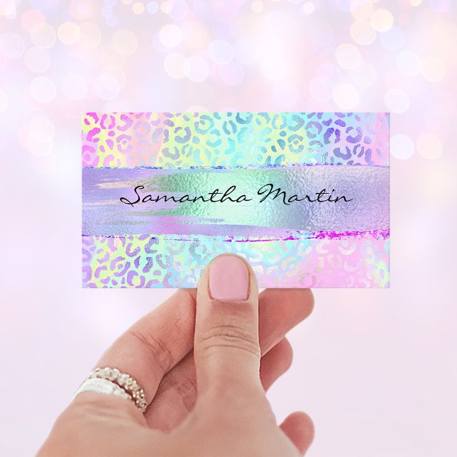 Iriserande foliepenseldrag Regnbåge Leopard Rosa Visitkort (Iridescent Foil Brush Stroke Rainbow Leopard Pink Business Card)