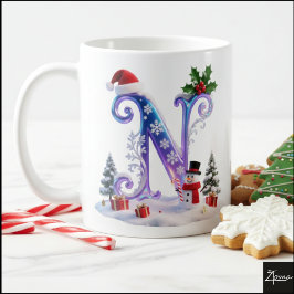 Iriserande julbokstav N med snöman Kaffemugg