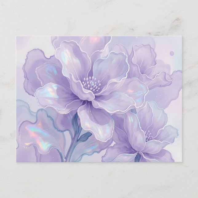 Iriserande lila drömmaraktig blomning vykort (Framsida)