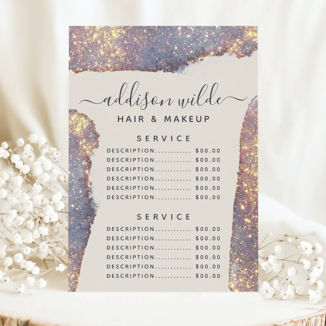Iriserande lila guld glam glitter service pris meny (Skapare uppladdad)