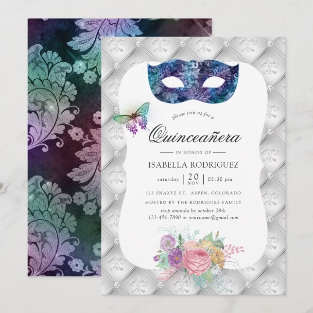 Iriserande maskerad Quinceañera Inbjudningar (Fram/baksida)