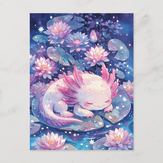 Iriserande Rosa Akvarell Sovande Axolotl Vykort (Framsida)
