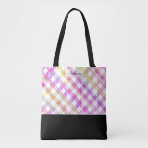 Iriserande rosa gingham-mönster med monogram  tygkasse