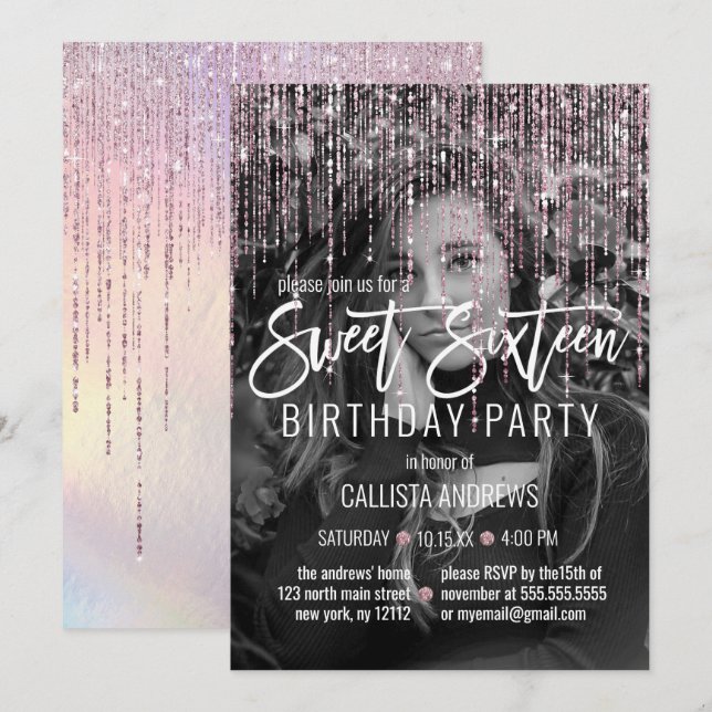 Iriserande rosa glitterfrans foto Sweet 16 Inbjudningar (Fram/baksida)