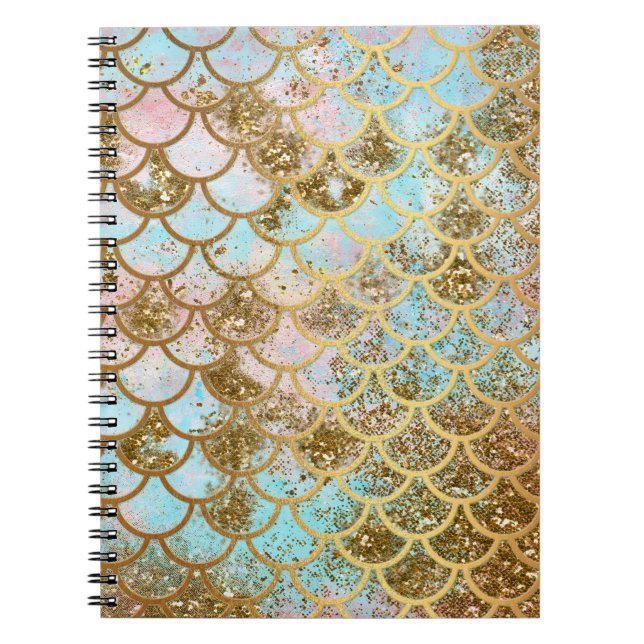 Iriserande rosa guld glitter mermaid fjäll anteckningsbok (Framsidan)