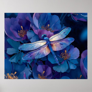 Iriserande Trollslända Färgrika Blommor Poster