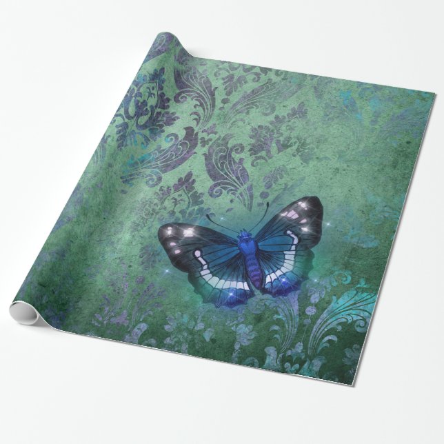 Iriserande Vintage Damask fjäril Presentpapper (Utrullad)