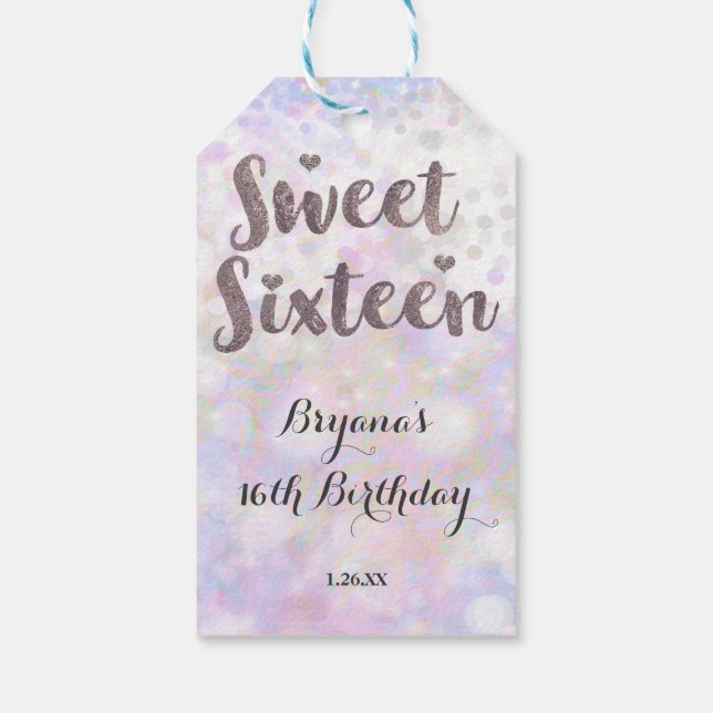 Iriserande vit glans Glam Sweet 16 födelsedag Presentetikett (Baksidan)
