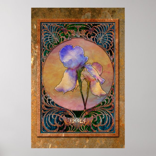 Irises art nouveau i ett Coppery Mucha Ram Poster (Framsidan)