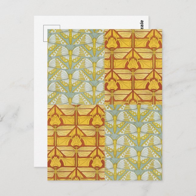 Irises Dragonflies Butterflies Art nouveau Vykort (Fram/baksida)