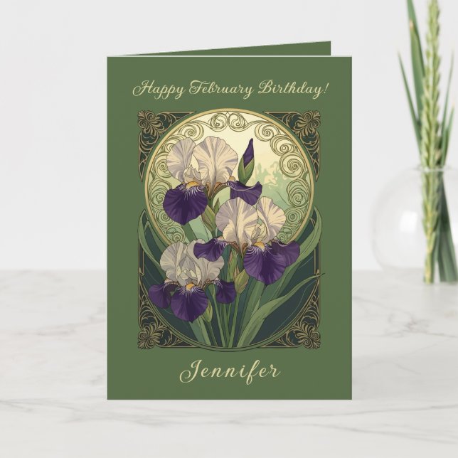 Irises February Birthday Flowers Art Nouveau Style Kort (Framsida)