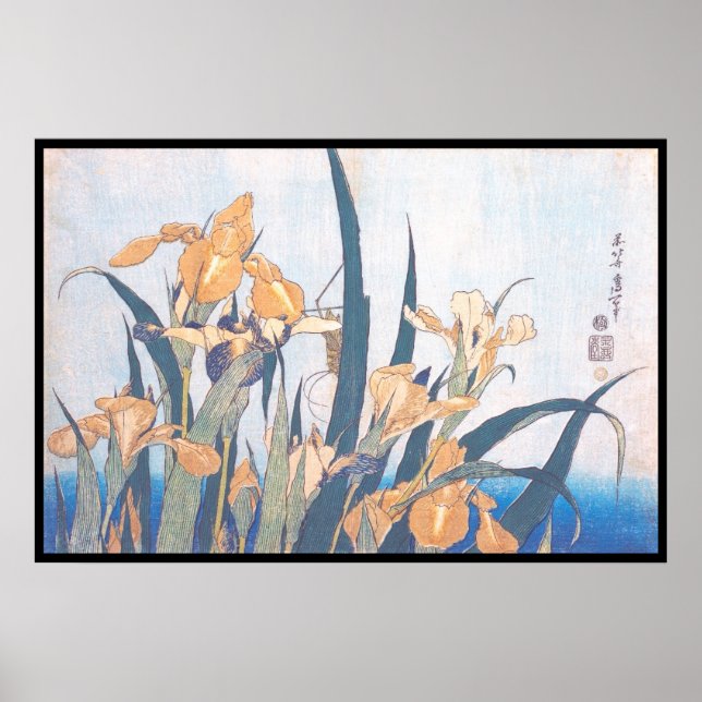 Irises och Grashopper Katsushika Hokusai-blommor Poster (Framsidan)