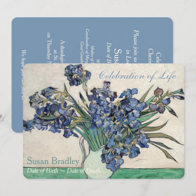 Irises Van Gogh Firande Funeral Notice of Inbjudningar (Fram/baksida)