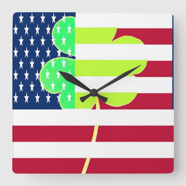 Irish American Flagga Shamrock Klöver St Patrick Fyrkantig Klocka (Framsida)
