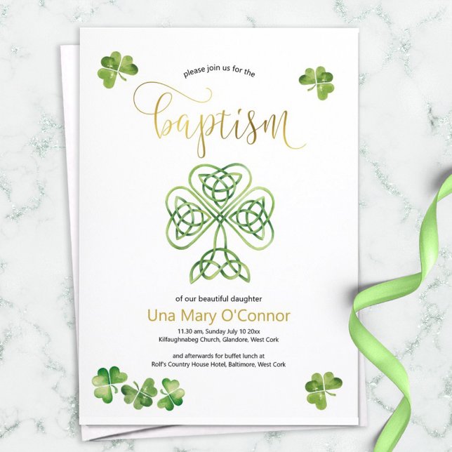 Irish Baby Baptism Celtic Knot & Guld Script Inbjudningar (Skapare uppladdad)