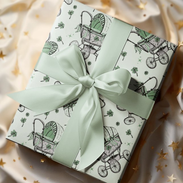 Irish Baby Carriage St patrick's day Baby Shower Presentpapper (Elegant Irish / St Patrick's Day Baby Shower Design. Irish Vintage Baby Carriage & Green Shamrocks.)