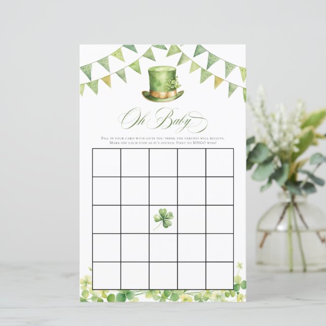 Irish Baby Shower Bingo Green Shamrock Card (Stående Fram)
