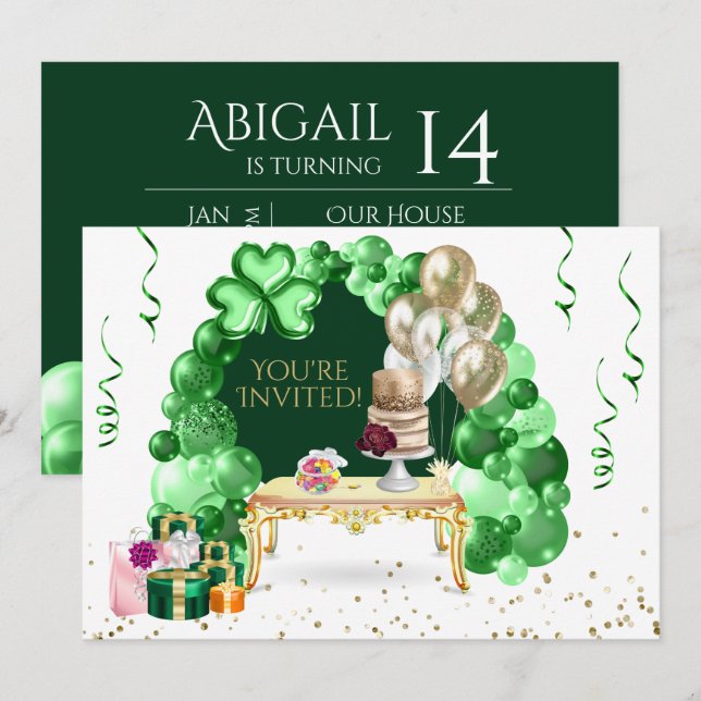 Irish Birthday Balloon Arch Grönt och Guld Party Inbjudningar (Fram/baksida)