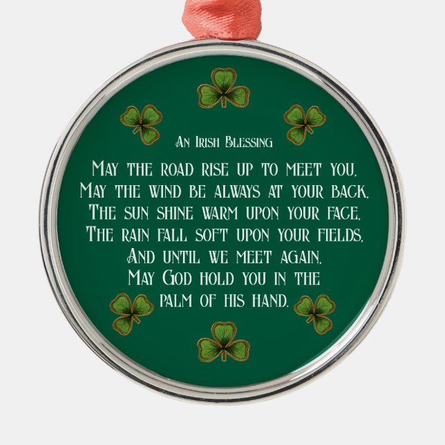 Irish Blessing and Shamrocks Green Typography Julgransprydnad Metall (Framsidan)