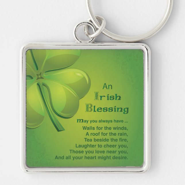 Irish Blessings Grönt Shamrock, Celtic Fyrkantig Silverfärgad Nyckelring (Framsidan)