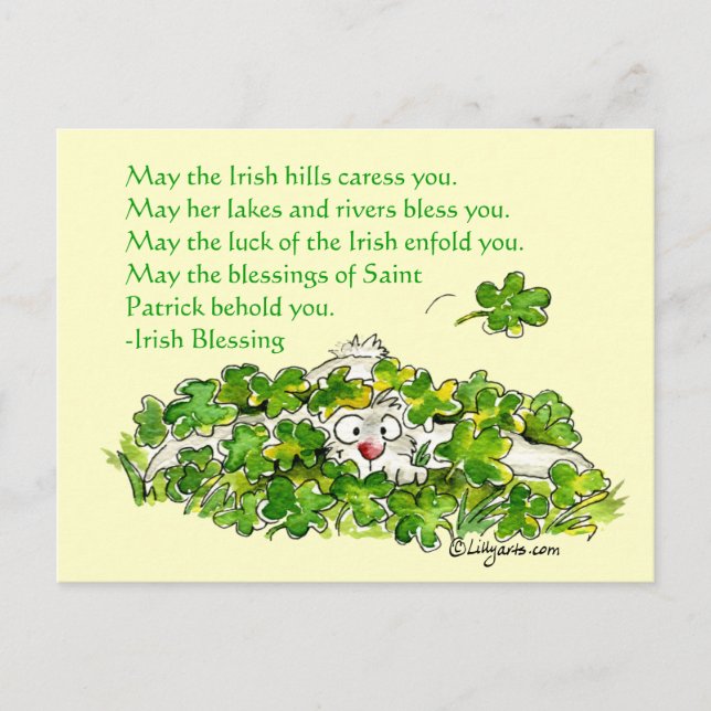 Irish Blessings Tecknad Rabbit Shamrocks Postcard Vykort (Framsida)