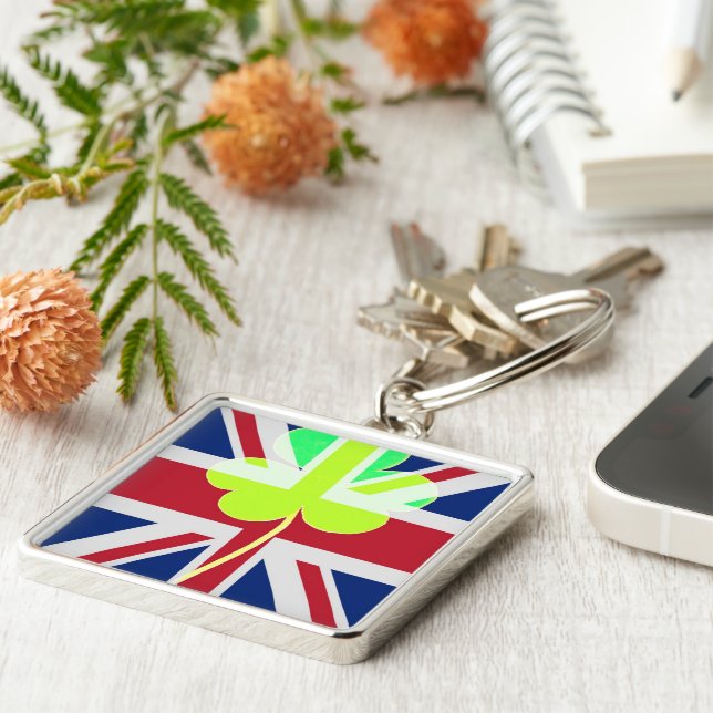 Irish British Flagga Shamrock Klöver St. Patrick U Fyrkantig Silverfärgad Nyckelring (Sidan)