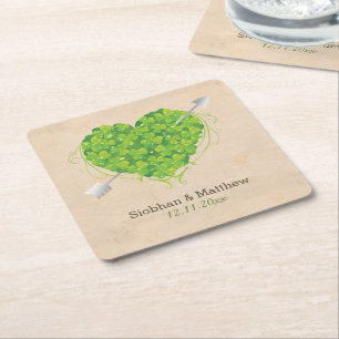 Irish Bröllop Shamrock Heart Underlägg Papper Kvadrat