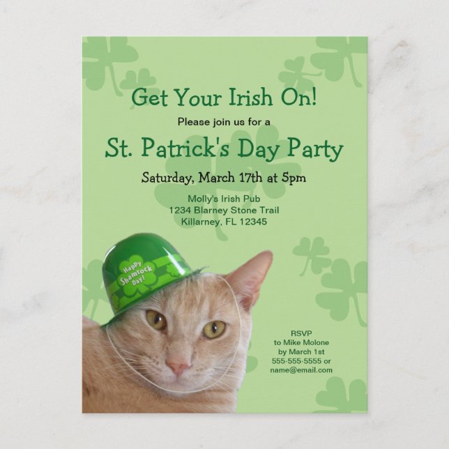 Irish Cat St. Patrick's Day Party Inbjudan Post Ca Vykort (Framsida)