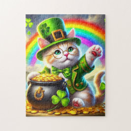 Irish Cat with Pot of Guld and Rainbow Puzzle Pussel
