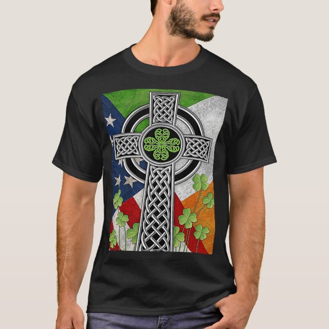 Irish Celtic Knot Cross American Flag USA T Shirt (Framsida)