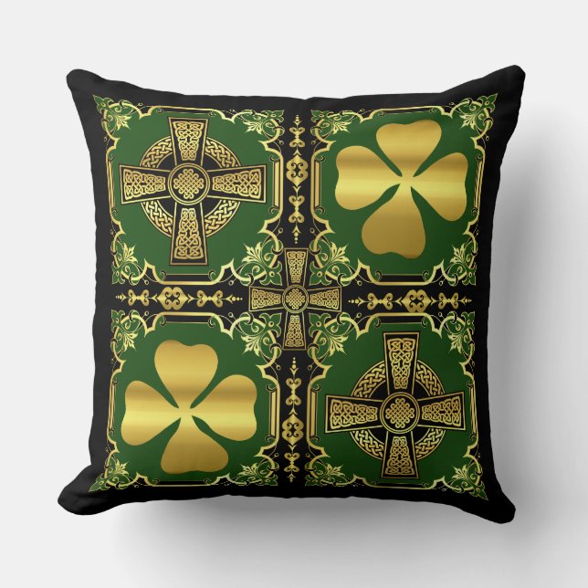 Irish Celtic kor/black/guld/grönt kor shamrock Kudde (Framsida)