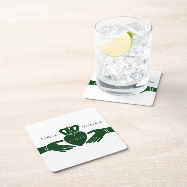 Irish Claddagh Ring Simple Graphic Grönt Bröllop Underlägg Papper Kvadrat (Insitu)