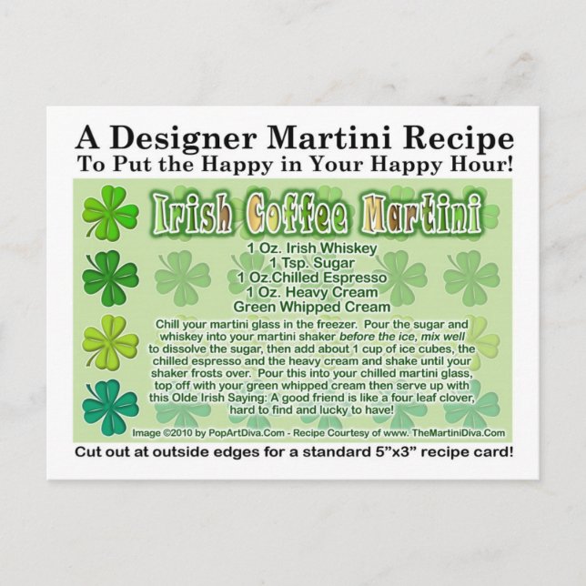 Irish Coffee St. Patrick's Day Martini Recipe Card Vykort (Framsida)