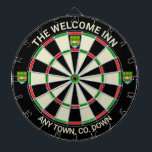 Irish County Down Ireland Dartboard Darttavla<br><div class="desc">Idea för pub, pub, hotell eller till och med ditt eget hem i County Down, Irland. Det skulle se underbart ut var som helst i världen som en påminnelse om detta vackra irländska grevskap också. Denna rityta bär officiellens fylkeskommun-vapensköld på 20:e och på vardera sidan. Ändra texten överst och grund...</div>
