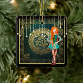 Irish Dance Grönt och Guld Celtic Knot jul Julgransprydnad Keramik