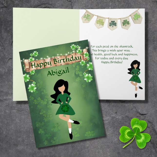 Irish Dance Shamrock Önskemål Black Hair Birthday Kort (Skapare uppladdad)
