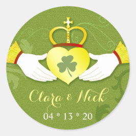 Irish Elegance Guld & Grönt Wedding Favor Runt Klistermärke