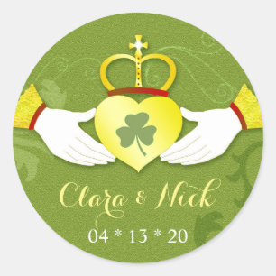 Irish Elegance Guld & Grönt Wedding Favor Runt Klistermärke