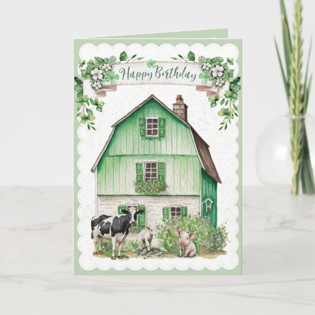 Irish Farmhouse | Grönt Barn | Födelsedagskort Kort (Framsida)