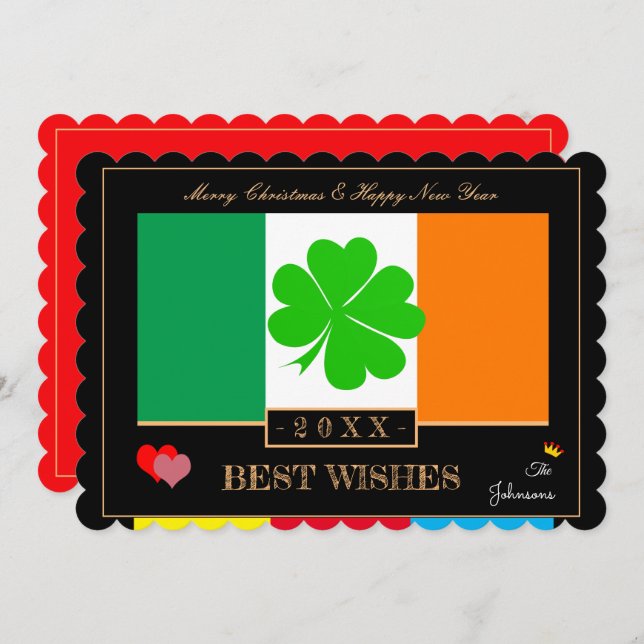 Irish Flagga & Gott nytt år/Best Önskemål Shamrock Julkort (Fram/baksida)