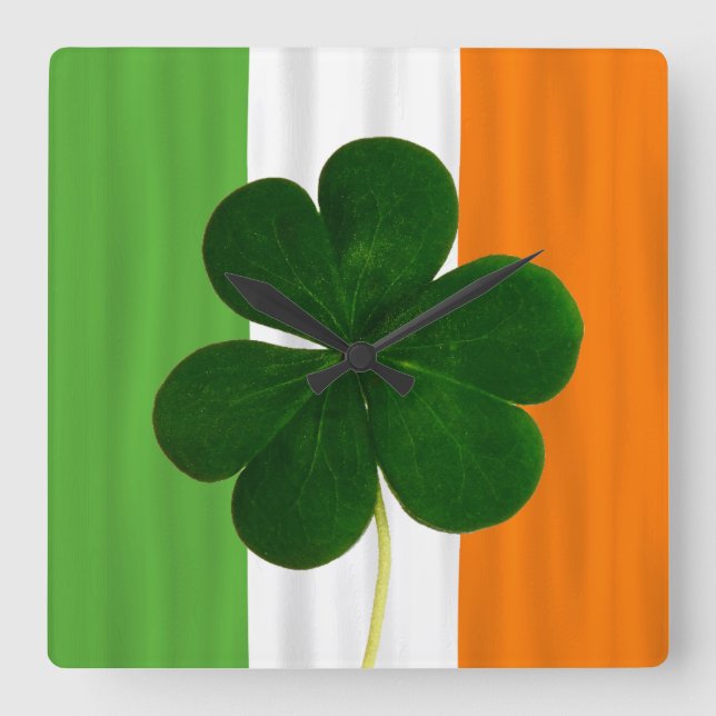 Irish Flagga Ireland Shamrock Klöver Ireland Fyrkantig Klocka (Framsida)