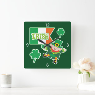 Irish Flagga Leprechaun Fyrkantig Klocka